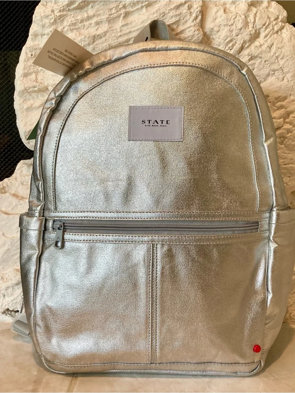 NWT STATE Bags Kane Kids Backpack in a shimmering silver metallic color
